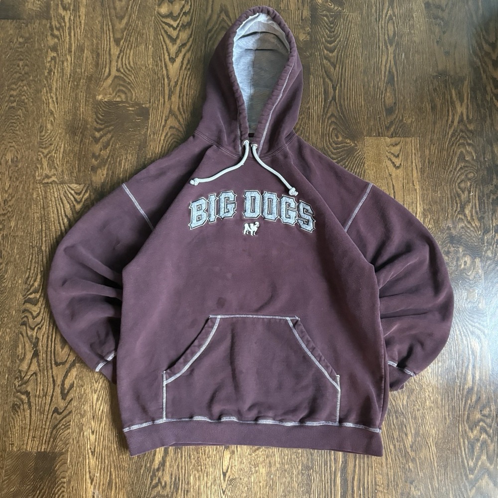 Vtg 90s Big Dogs Embroidered Hoodie L Burgundy Contrast Stitch Boxy Sweatshirt